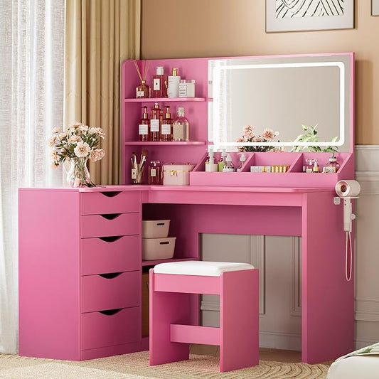 JUMMICO Makeup Vanity Desk with Mirror and Lights, L- Shaped Vanity, Modern Vanity Table with 5 Drawers & Adjustable Shelves, Power Outlet with Fast Charging, for Bedroom (Pink)