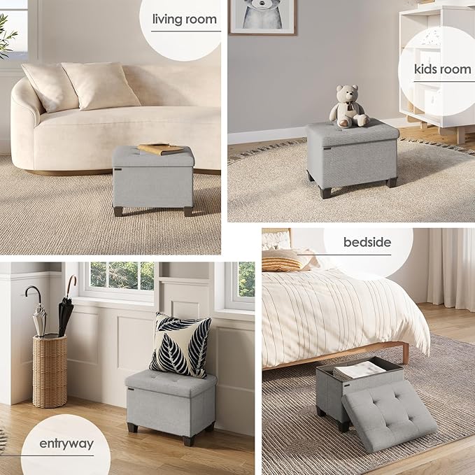 STORAGEBUD Storage Ottoman Cube with Small Bin, 16-in Square Ottoman with Storage for Living Room and Bedroom, Small Ottomans Foot Rest, Fabric Foot Stools Ottomans Max 330lbs, Light Grey