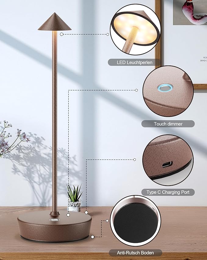 Cordless Table Lamps Rechargeable, 6000mAh Battery Operated LED Desk Lamp Outdoor Waterproof Portable Touch Dimmable Table Night Light for Patio Restaurant Dining Home Set of 2 Rust