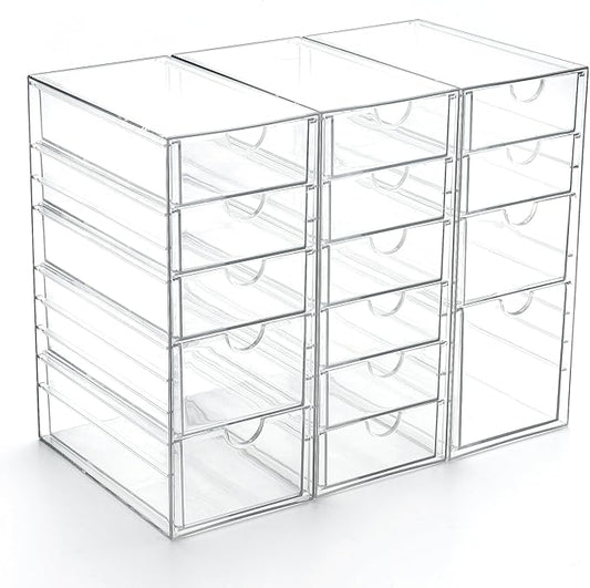 Prsildan Acrylic Drawer Organizer with 15 Drawers, Makeup Craft Office Desk Organizers Accessories, Set of 3 Clear Stackable Storage Drawers for Vanity, Countertop, Jewelry, Art Supply Organization