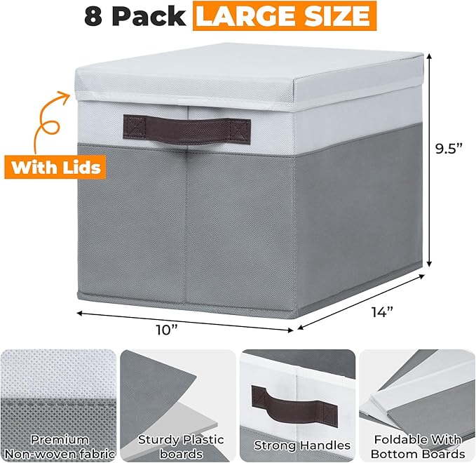 Criusia 8 Pack Closet Storage Bins with Lids - Stackable Storage Baskets for Organizing Clothes Toys Blankets - Odorless for Baby Nursery Organization and Storage Boxes Totes for Bedroom Dorm Room