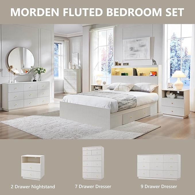 Fluted Dresser for Bedroom, 48" H White 7 Drawer Dressers, Wood Tall Dresser Storage Organizer, Modern Bedroom Chest with Deep Storage for Closet Hallway, Entryway, Living Room White