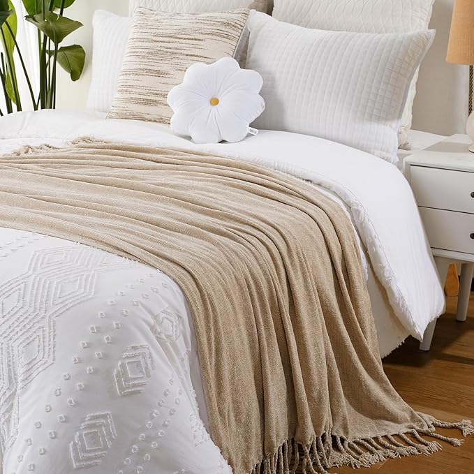 BATTILO HOME Beige Chenille Throw Blanket for Couch, Decorative Fringe Velvety Khaki Tan Throw Blanket for Sofa Home Decor, 50"x60"