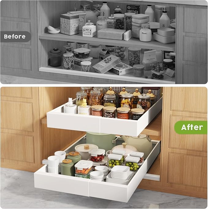 2 Pack Pull Out Cabinet Organizers 21" Deep With Raising Pad for Framed Cabinets, Expandable Width (9"-14") Slide Out Drawers Upgrade 3 Slide Rails, Roll Out Shelves Adhesive, White