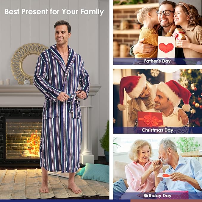 FashGudim Mens Robes Big and Tall Full Length Plush Fleece Long Robe for Men Bathrobe Shawl Collar Warm Winter House Robes