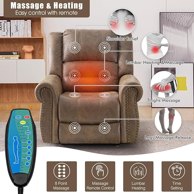 CDCASA Dual Motor Lay Flat Lift Chairs Recliners for Elderly w/Massage and Heat, Breathable Leather Infinite Position Large Sleeping Electric Power Lift Chair Recliner, Set of 2, Matte Brown