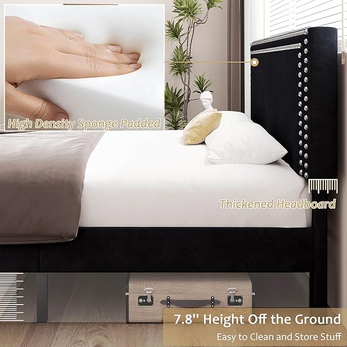 VECELO Queen Size Bed Frame with Adjustable Upholstered Headboard, Wooden Slats Platform, Noise-Free Design, Easy Assembly