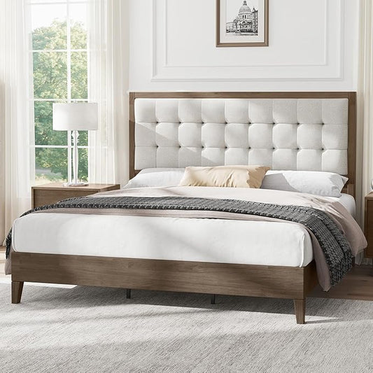 AMERLIFE King Size Solid Wood Bed Frame with Tall Tufted Headboard, Mid-Century Style, No Box Spring Required, Easy Assembly, Ash Gray