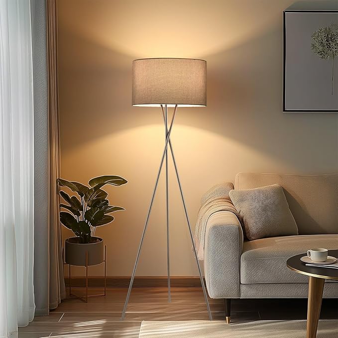 Kira Home Sadie 60" Mid Century Modern Tripod LED Floor Lamp + 9W Bulb (Energy Efficient/Eco-Friendly), Gray Drum Shade, Brushed Nickel Finish