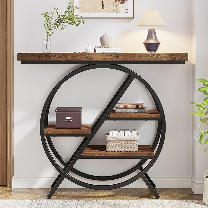Tribesigns Console Table, 40-Inch Entryway Table with Storage Shelves, 4-Tier Industrial Hallway Sofa Table with Geometric Metal Frame, Accent Table for Living Room, Entryway, Rustic Brown