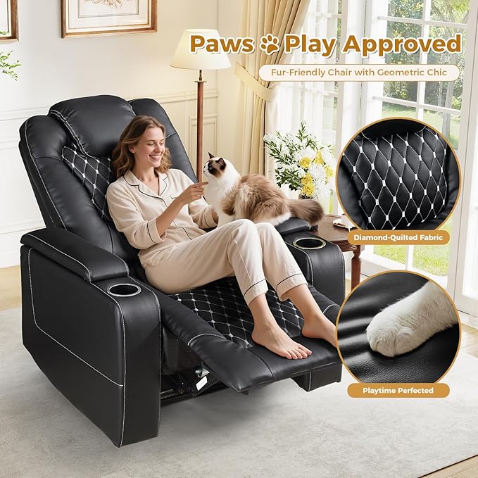 ANJ Power Recliner Chair with USB Ports and Cup Holders - Overstuffed Electric Home Theater Seating PU Leather Reclining Furniture with Hidden Arm Storage, Easy to Clean (Black)