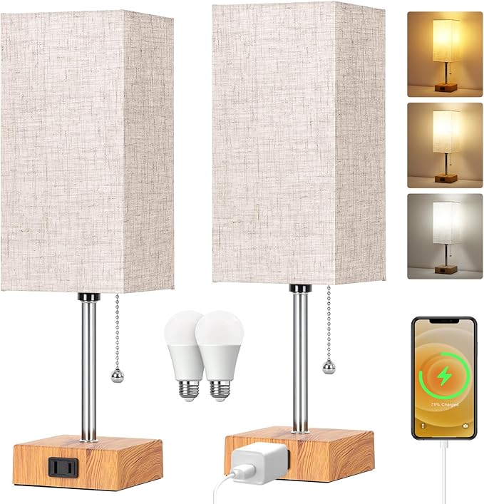 Table Lamp for Bedroom set of 2,3-Color Bedside Lamps with Pull Chain Table Lamps for Nightstand with AC Outlets,Small Night Light Lamps with 2 Bulbs Lamps for Living Room Kids Room Office Decor（Wood）