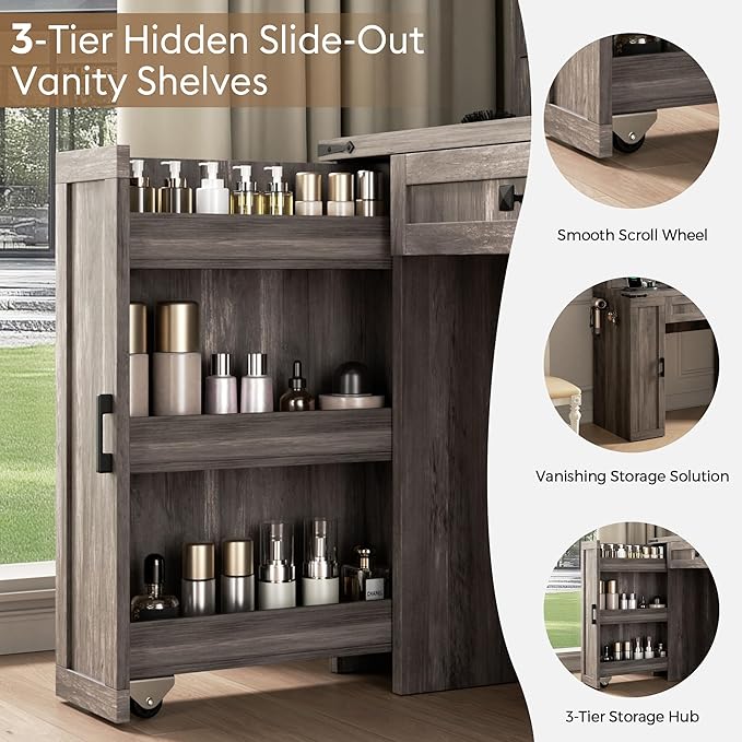 Farmhouse Makeup Vanity Desk with Sliding Mirror and Lights, Glass Desktop Makeup Vanity Desk with Charging Station, 3-Tier Hidden Slide-Out Vanity Shelves, Jewelry Storage Cabinet, 2 Drawers-Grey