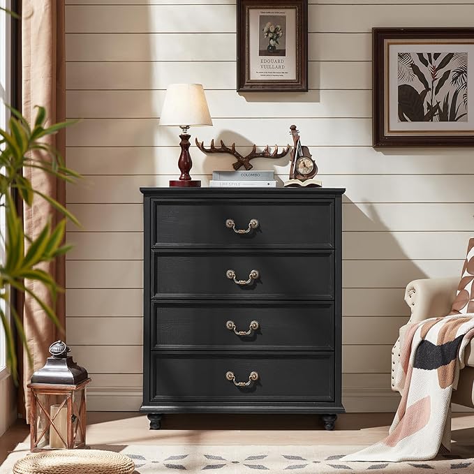 Farmhouse 4 Drawer Dresser Set of 2 for Bedroom, 37" Tall Rustic Chests of Drawers w/ 4 Solid Wood Feet, Mid Century Vintage Wooden Closet Storage Dressers Organizer for Living Room, Black