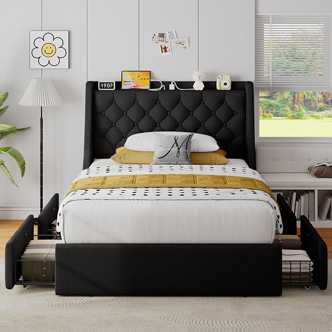 Twin Bed Frame with 4 Storage Drawers, Upholstered Modern Bed Frame with Wingback Headboard, Charging Station, No Box Spring Needed, Noise-Free, Black