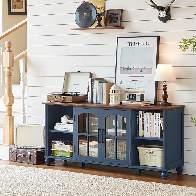 Farmhouse TV Stand for 60 Inch TV, Wood Entertainment Center with Glass Door Storage Cabinet & Adjustable Shelves,Television Stands for 65" TVS, TV Console Table for Living Room,Bedroom,Blue