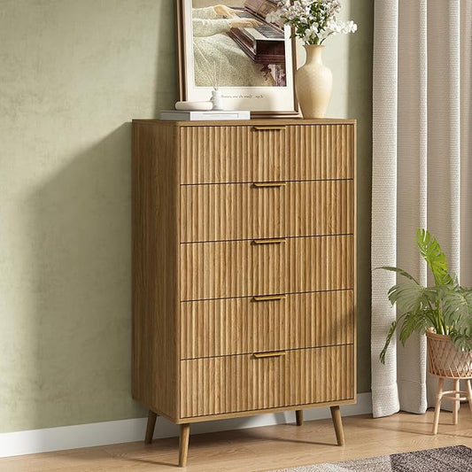 CARPETNAL Fluted 5 Double Drawers Dresser for Bedroom, 45”Tall Modern Chest of Drawers with Deep Drawers,Curved Profile Design, Wood Drawer Organizer for Living Room, Natural Oak