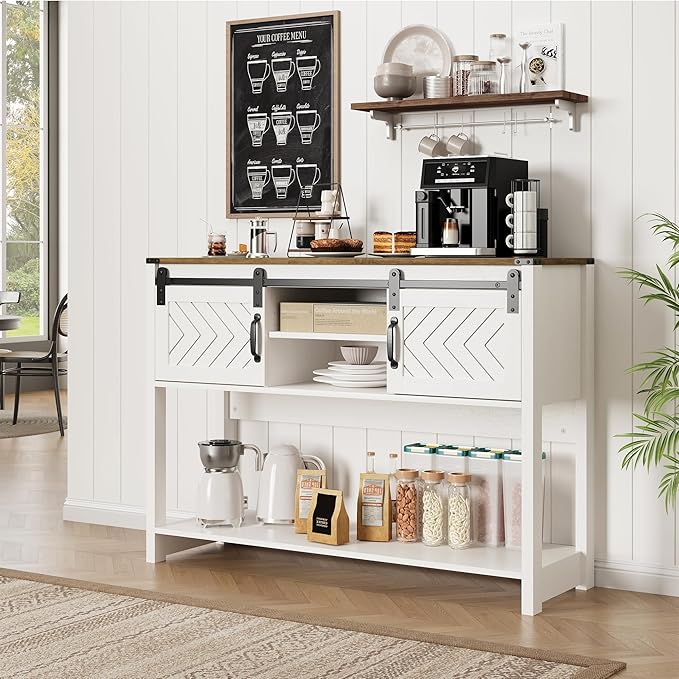 Console Table with Storage Shelf & Sliding Barn Door, Farmhouse Entryway Table with Storage, 46" Narrow Long Sofa, Behind Couch, Console Tables for Living Room, White and Rustic Oak