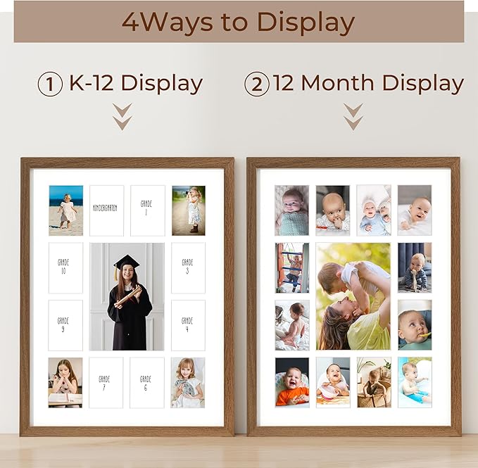 Axeman 12x16 School Years Picture Frame K-12 Day Graduation Photo Collage Solid Oak Picture Frame With Mat - Displays One 5x7 Photo and Twelve 2.5x3.5 Pictures, Hanging Hardware Included, Walnut