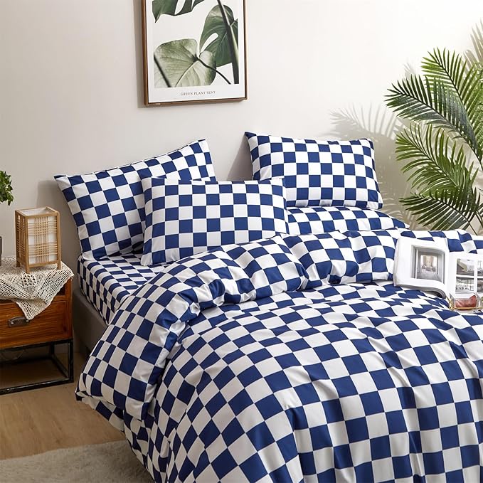 CLOTHKNOW Plaid Comforter Sets Twin/Twin XL Blue White Bedding Comforter Sets Royal Blue White Bed Comforter Blue Bedding Sets Soft