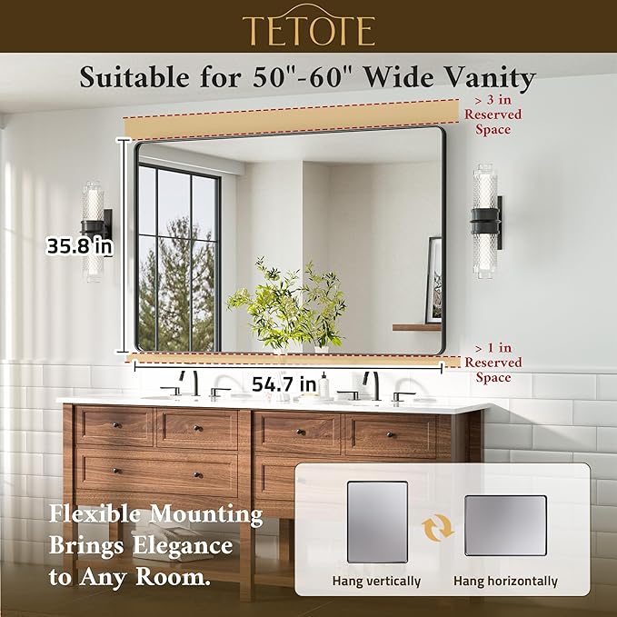 TETOTE 55 x 36 Black Bathroom Mirror Large Black Mirrors for Wall Decor, Metal Frame, Tempered Glass, Modern Farmhouse Wall Mounted Mirror for Decorative(Horizontal/Vertical)