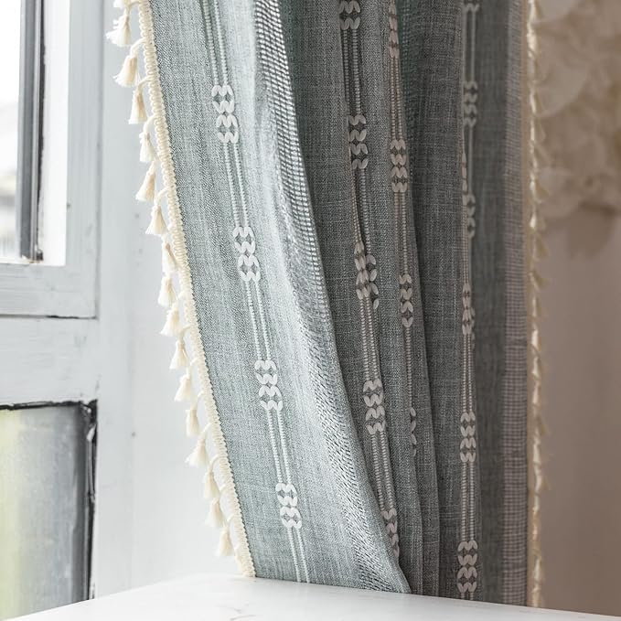 Boho Curtains for Bedroom Embroidery Striped Farmhouse Linen Curtains 63 Inch Length 2 Panels for Living Room Blue Bohemian Semi-Blackout Window Curtains Rod Pocket Drapes ( 52" W x 63" L,Blue)