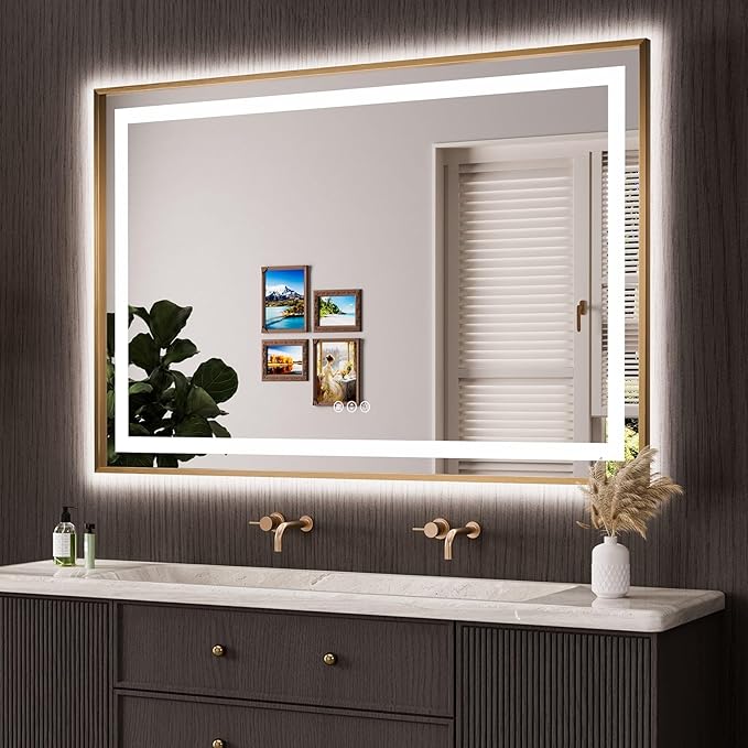 Amorho 60"x 40" Gold LED Bathroom Mirror, Metal Framed Mirror with Front Light and Backlit, Stepless Dimmable, Anti-Fog, Shatter-Proof, Memory, 3 Colors