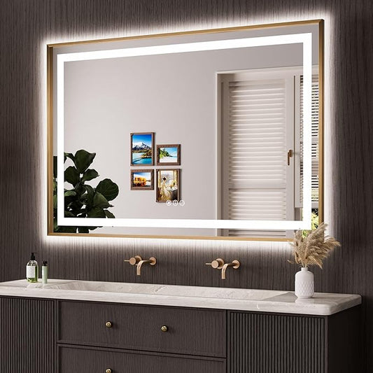 Amorho 60"x 40" Gold LED Bathroom Mirror, Metal Framed Mirror with Front Light and Backlit, Stepless Dimmable, Anti-Fog, Shatter-Proof, Memory, 3 Colors