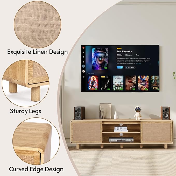 70" TV Stand with Slding Door for 55/60/65/80 Inch Television, Farmhouse Linen Decor TV Console with Storage, 2 Cable Holes & 6 Legs, Mid Century Wooden Entertainment Center for Living Room (Natural)