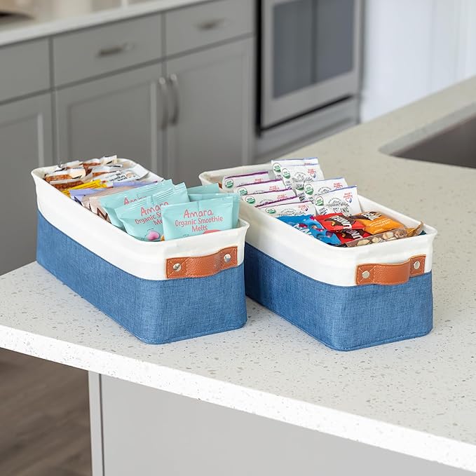 OrganiHaus Narrow Storage Bins 15x06in, Small Closet Bins for Shelves, Bathroom Storage Baskets for Shelves, Narrow Baskets, Fabric Organizer with Handles, Toilet Paper Organizer - 2 Pack, Navy Blue