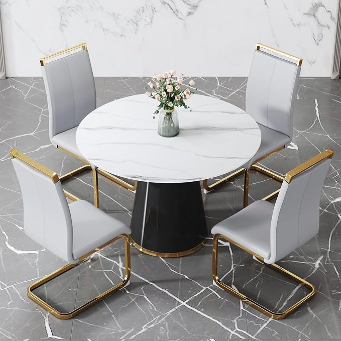 45 Inch Round Dining Table Set for 4, 5 Piece Kitchen Table and Chairs Set, White Faux Marble Table Top, Small Space Dining Set for Apartment or Dining Room