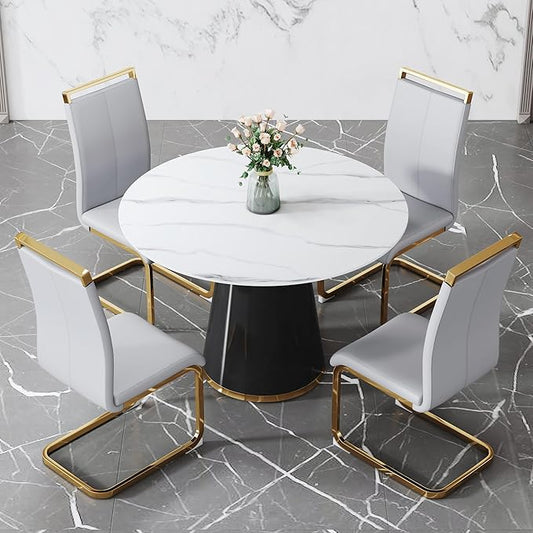 45 Inch Round Dining Table Set for 4, 5 Piece Kitchen Table and Chairs Set, White Faux Marble Table Top, Small Space Dining Set for Apartment or Dining Room