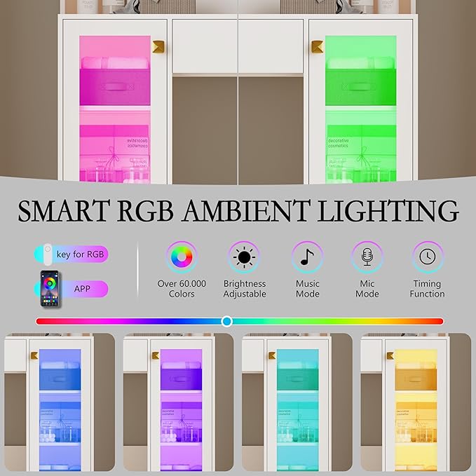 Vanity Desk with Mirror and Lights, Small Makeup Vanity Table with RGB Storage Cabinet & Power Strips & Shelves, 3 Lighting Modes & Adjustable Brightness, Dressing Table for Women Girls Bedroom, White