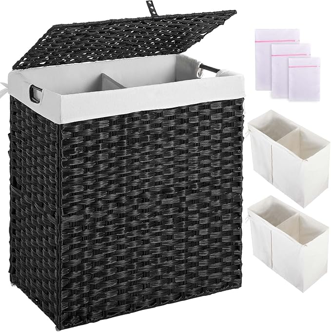 Greenstell Laundry Hamper with lid, No Install Needed, 110L Wicker Laundry Baskets Foldable 2 Removable Liner Bags, 2 Section Clothes Hamper Handwoven Rattan Laundry Basket with Handle, Black
