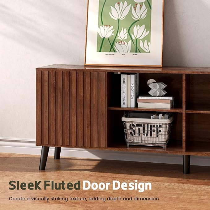 Mid-Century Modern TV-Stand - Fluted TV Stand for 80 75 65Inch TV, Entertainment Center with Storage, Media Console with Adjustable Shelves for Living Room, Walnut