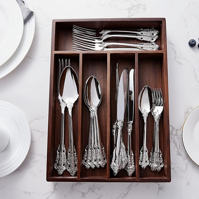 KEAWELL Luxury 65-Piece Silverware Set, 18/10 Stainless Steel, Service for 12, Mirror Finish, Antique Baroque Design, Dishwasher Safe (Silver)
