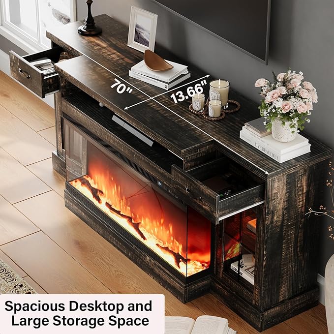 4 EVER WINNER 3-Sided Glass Fireplace TV Stand for TVs up to 80'' with 12 Color, 70" Media Entertainment Center Console Table with Doors Closed Storage,Electric tv Stands for Living Room, Rustic Oak