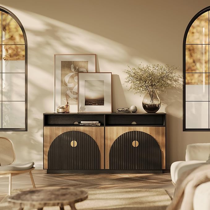 BELLEZE Set of 2 65 Inch Fluted TV Stand, Mid Century Modern Entertainment Center with Storage Cabinets & Open Shelves, Media Console TV Cabinet with Adjustable Shelves for Living Room, Camel