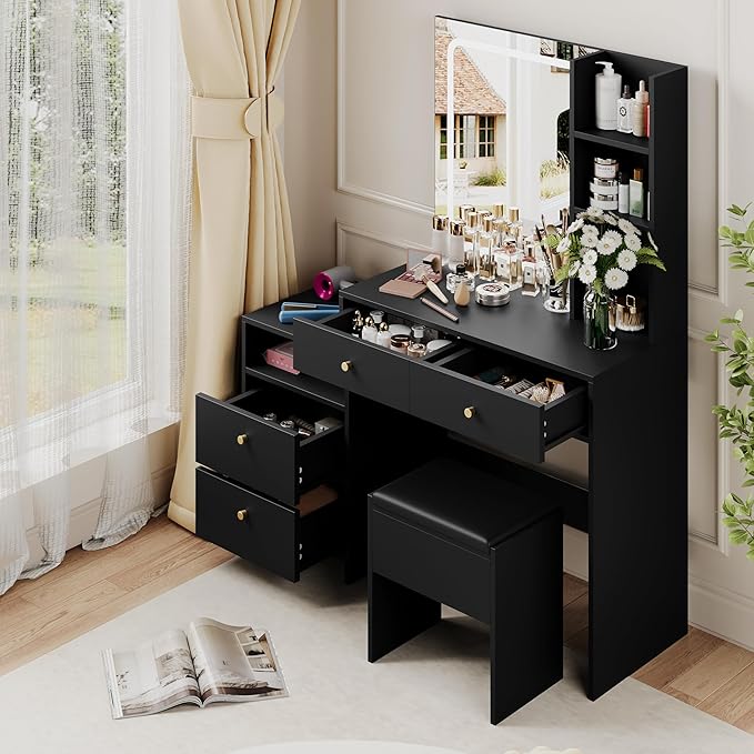 HAOBO Home Makeup Vanity Desk with Charging Station, Makeup Dressing Table with Mirror and Lights for Bedroom, Dressing Room