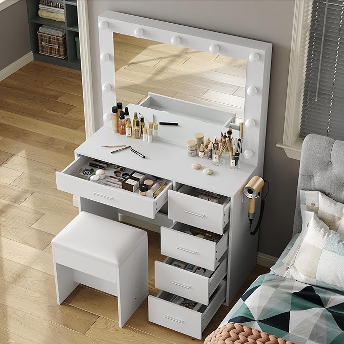 37" W Vanity Desk with Power Outlet, Makeup Vanity with Mirror and Lights, 3 Lighting Modes, Vanity Table with Chair for Bedroom, Dressing Room Studio, White