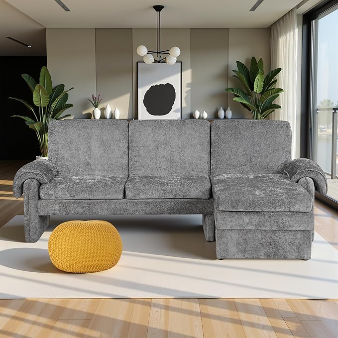 94.1" Sectional Couch, Convertible Futon Sofa Bed with Reversible Chaise Lounge, Sectional Couches for Living Room and Office, Grey