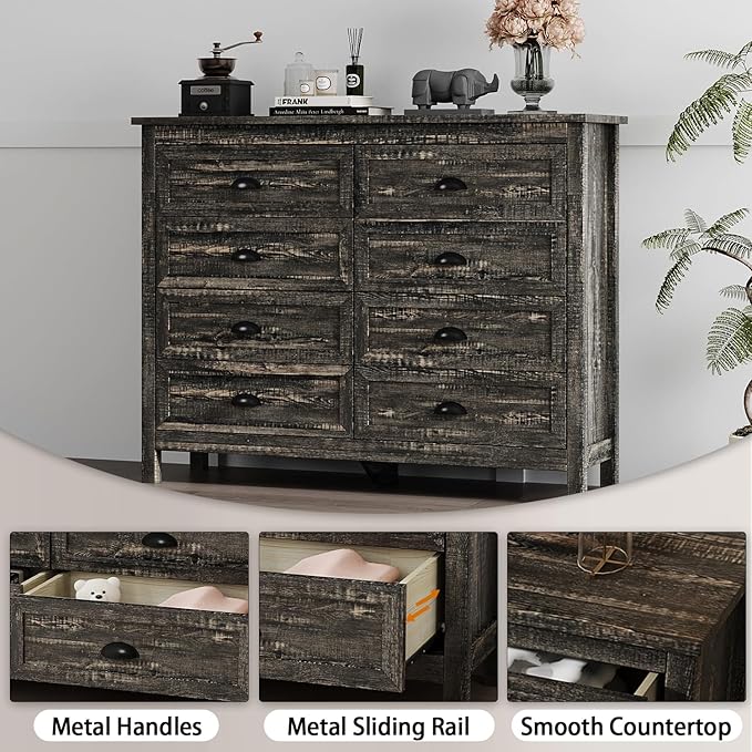 Rustic 8 Drawer Dresser for Bedroom, Modern Farmhouse Wood Dresser with Vintage Black Antique Handle, Double Chest of Drawers for Hallway, Antique Black