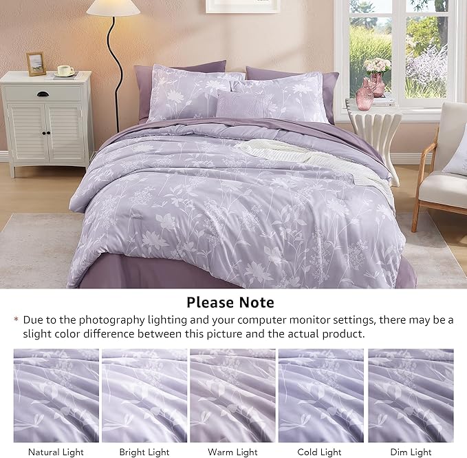 King Comforter Set -7 Pieces Floral Purple Comforter Set for All Seasons, Bed in a Bag King with Botanical Flowers Comforter, Sheets, Pillowcases & Shams