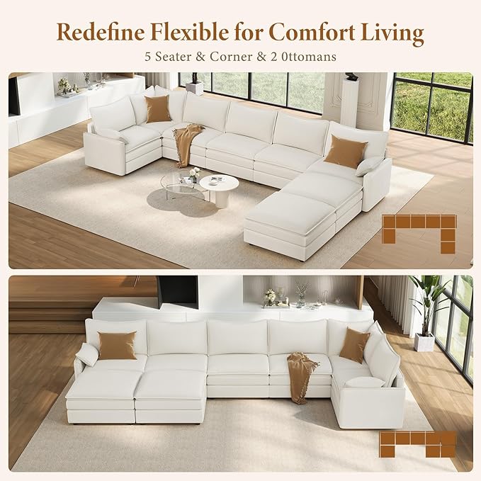 Vesgantti Large Modular Sectional Sofa, Big Comfy Cloud Couch with Ottoman Deep Seat Chenille Cloud Sofa, 8 Seater Large Sectional Couches for Living Room, Bedroom and Apartment, Snow White