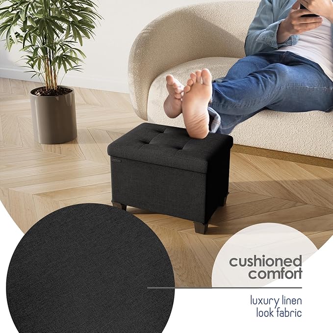 STORAGEBUD Storage Ottoman Cube with Small Bin, 16-in Square Ottoman with Storage for Living Room and Bedroom, Small Ottomans Foot Rest, Fabric Foot Stools Ottomans Max 330lbs, Black