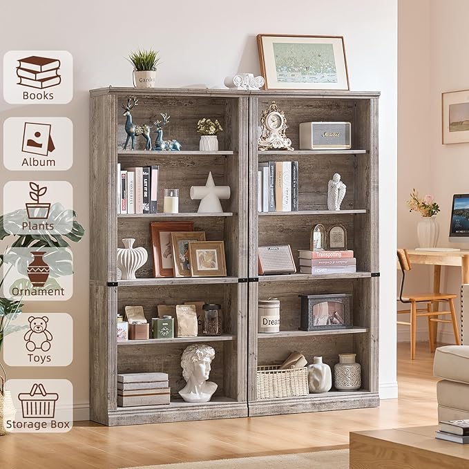 70" Grey Tall Bookshelf Set of 3,5-Tier Thick Wooden Book Shelf with Adjustable Shelves,Free Standing Farmhouse Bookcase with Open Display Storage,Floor Vintage Bookshelves for Living Room