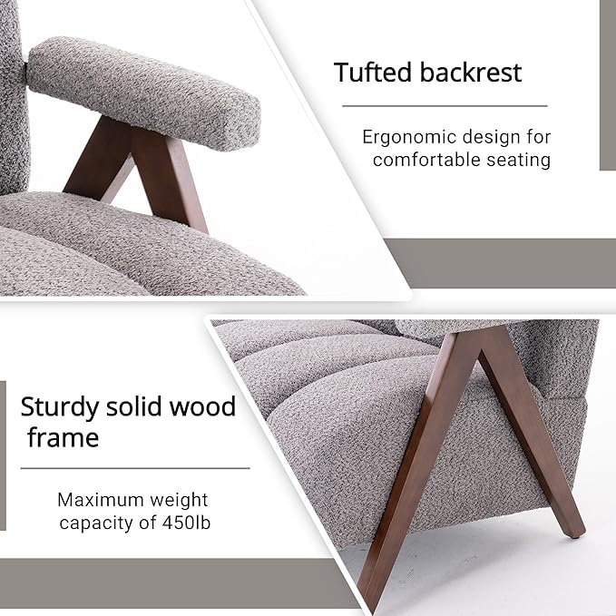 Mid Century Modern Accent Chair Loveseat Sofa with Solid Wood Frame, Boucle Upholstered Living Room Chairs with Thick Cushion, Comfy Tufted Arm Chair for Bedroom, Grey