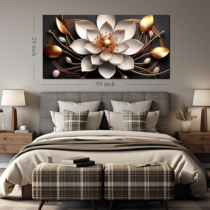 Large Artwork Canvas Wall Art for Living Room Office Room Bedroom Decor Wall Painting White and Gold Flowers Picture Modern Decorative Painting with Frame Ready to Hang Canvas Decor Size 30x60