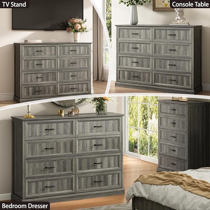 CARPETNAL Farmhouse 8 Drawer Dresser for Bedroom, 55 Inch Wide Modern Grey Dresser TV Stand with Large Drawers & Bar Handles, Rustic Wood Chest of Drawers for Bedroom, Living Room, Hallway, Entryway.