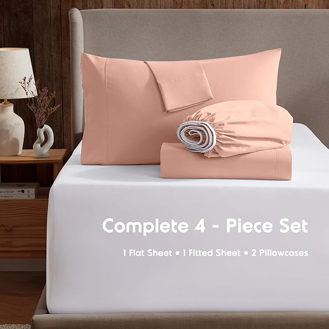 Nestl Full XL Sheet Set - Luxury 1800 Ultra-Soft Microfiber Full Extra Long Bed Sheets - Double Brushed - Deep Pockets - Easy Fit - 4 Piece Set - Bedding Sheets & Pillowcases (Full XL, Peach)